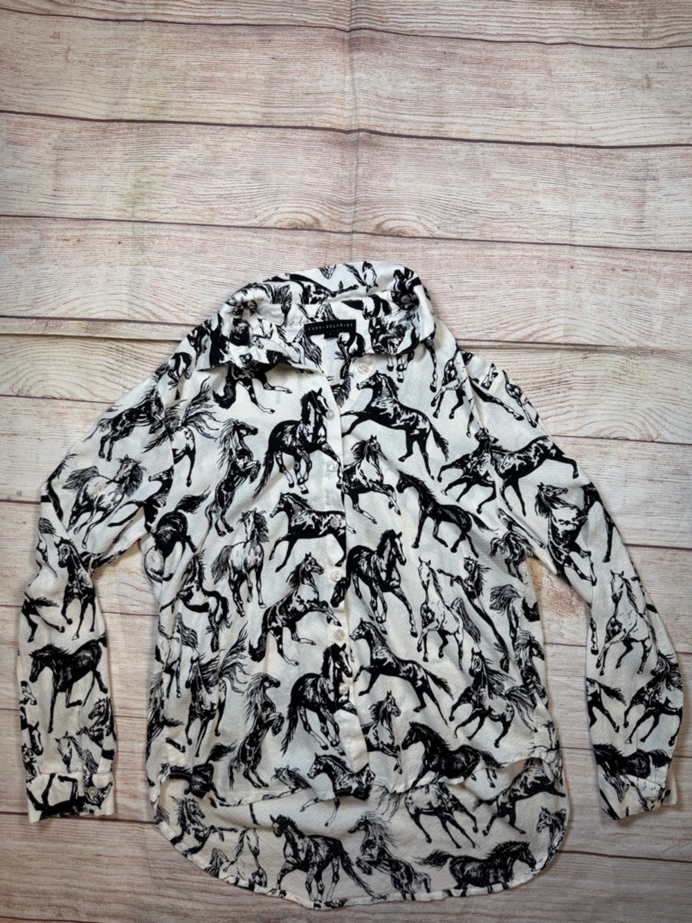 Black & White Horse Print Equestrian, Old Money Button-Up Blouse